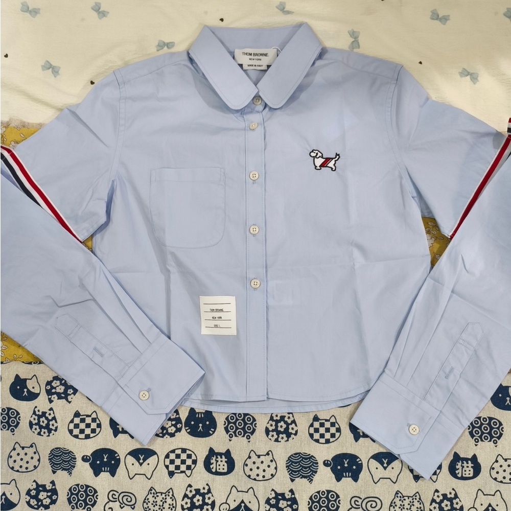 Thom Browne Light Blue Button-Down Shirt with Red & Navy Sleeve Stripes